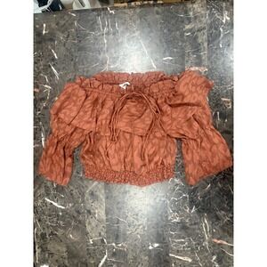 HM Women Terracotta Leopard Jacquard Off Shoulder Ruffle CropTop Blouse US 4 NEW